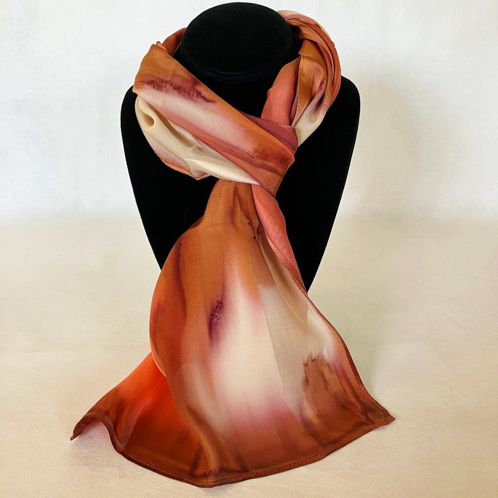 Hand Painted Silk Scarf Cream Peach Tan Brown Womens Rectangle Unique New Gift A